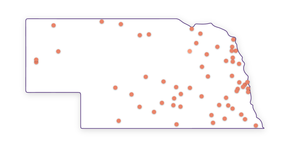 Nebraska map with dots marking cities that have received Sherwood Foundation awards.