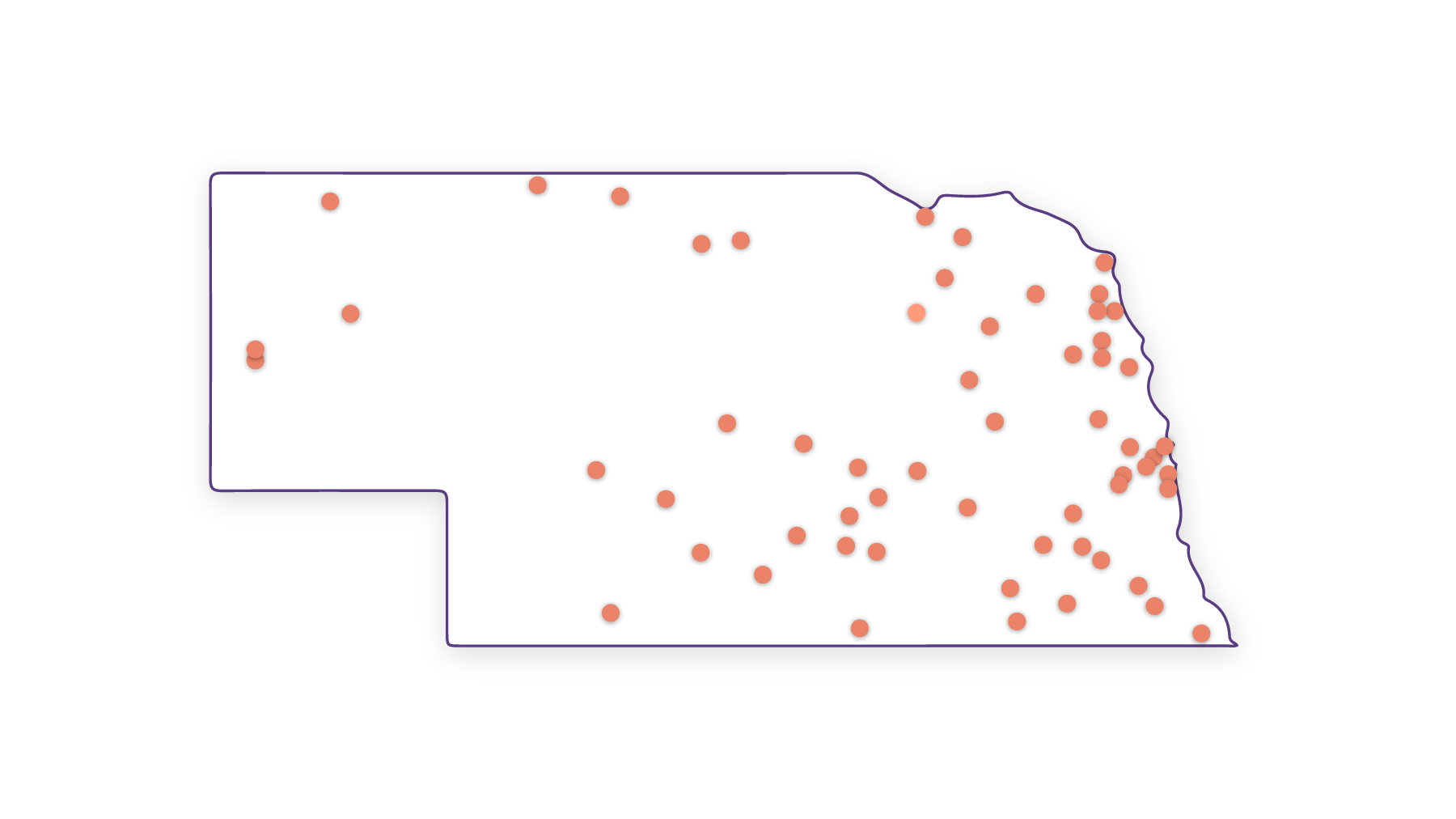 Nebraska map with dots marking cities that have received Sherwood Foundation awards.